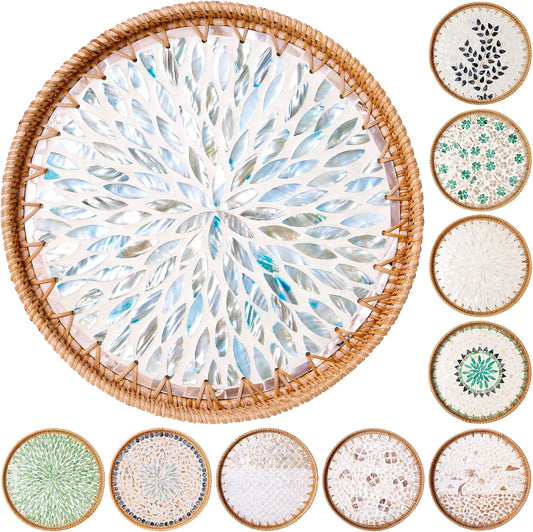 Round Rattan Tray with Mother of Pearl Inlay & Wooden Base - Decorative Wicker Serving Tray for Coffee/Bread/Fruits, Food Storage & Display - Multipurpose Home Decor (L,Colorful Leaves)