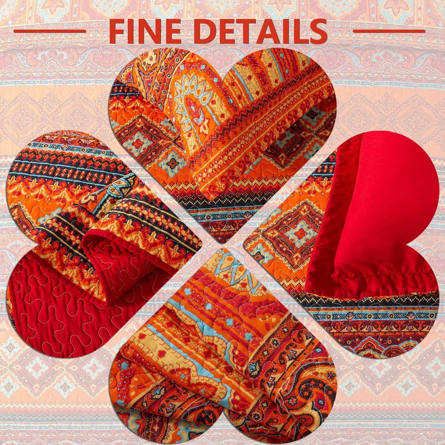 VAPUTAR Cotton Quilt Queen Size Bedding Set - 3 Pieces, Boho Queen Size Quilts, Lightweight Reversible Coverlets Bedspreads for Farmhouse Bedroom (Red/Orange)