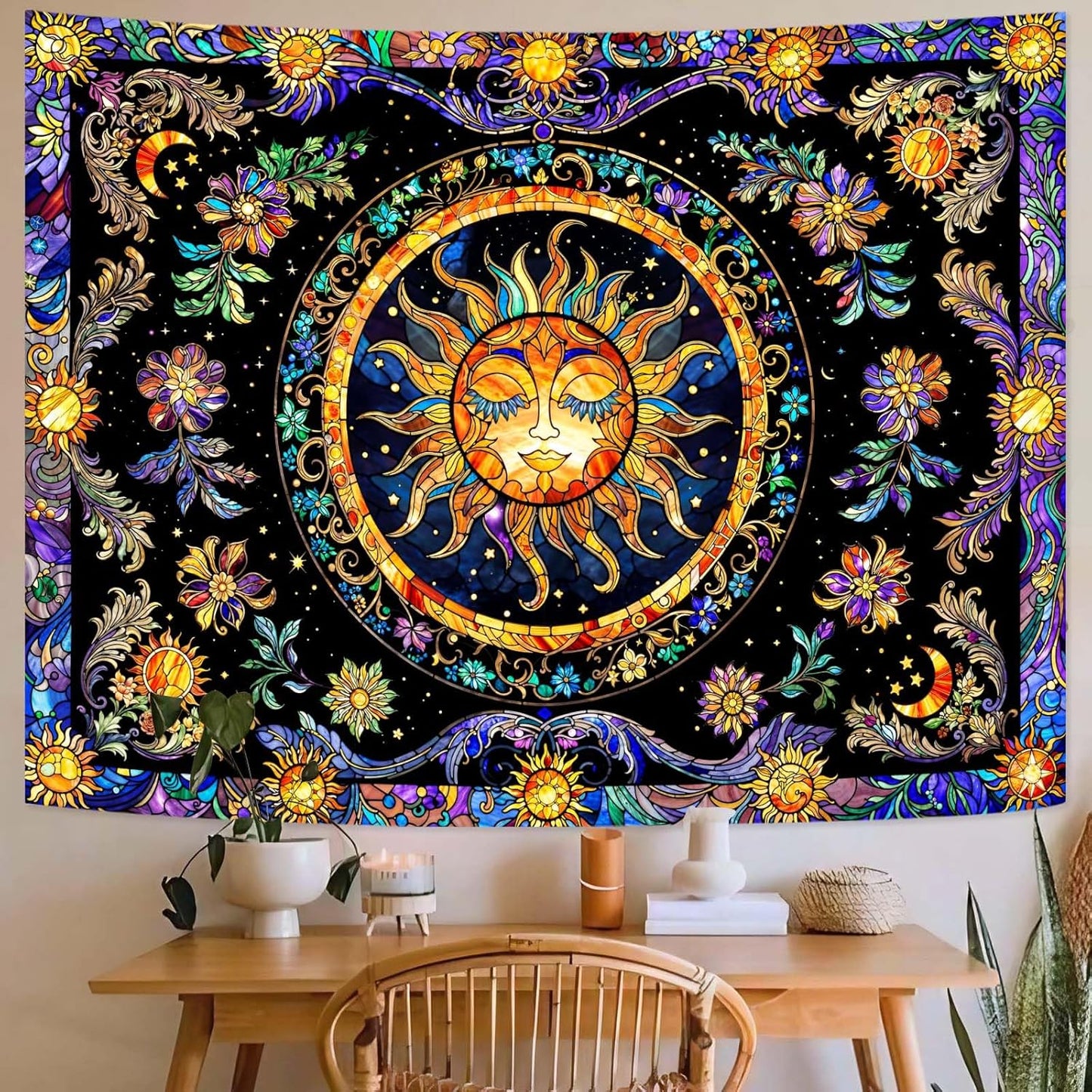 Lunerfex Sun Tapestry Stained Glass Tapestry Wall Decor Tapestries for Bedroom Boho Tapestries Wall Hanging for Bedroom Living Room Glass-Sun-01 44"x60"
