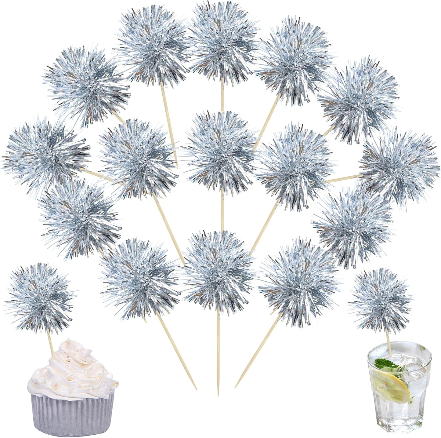 Ephlyn 30Pcs Foil Firework Cupcake Toppers Sparkle Tinsel Cupcake Picks Happy Birthday Cake Toppers Drink Stirrers Cocktail Food Fruit Toothpicks for Baby Shower Birthday Party Supplies Silver