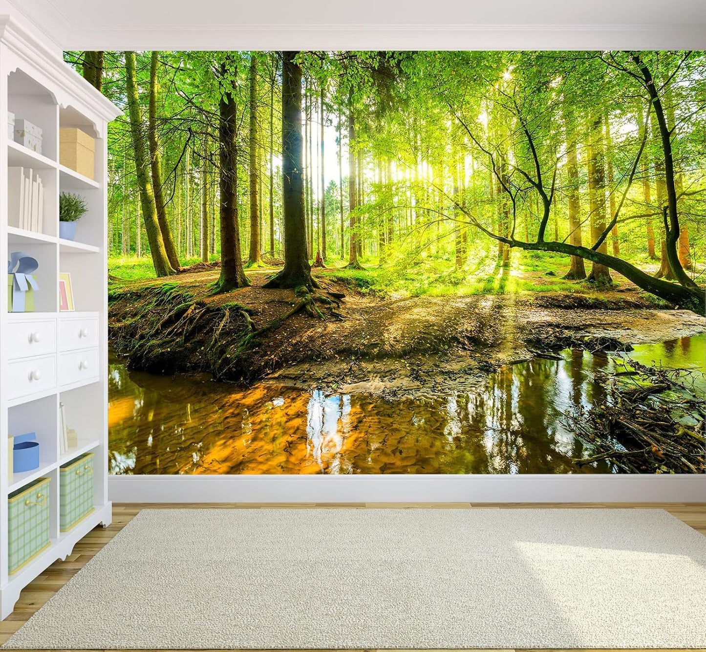 Wall Mural Fall Forest Stream Wallpaper Wall Decoration Print Picture Image Design for Bedroom, Living Room, Kids Room (Not Self-Adhesive)