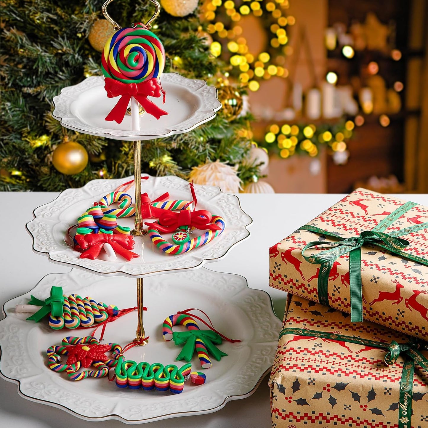 codree 8 Pcs Christmas Lollipop Ornaments- Rainbow Candy Cane Hanging Ornaments for Christmas Tree- Christmas Candies Polymer Clay Ornament for Xmas Tree Party Decoration, E-8pcs