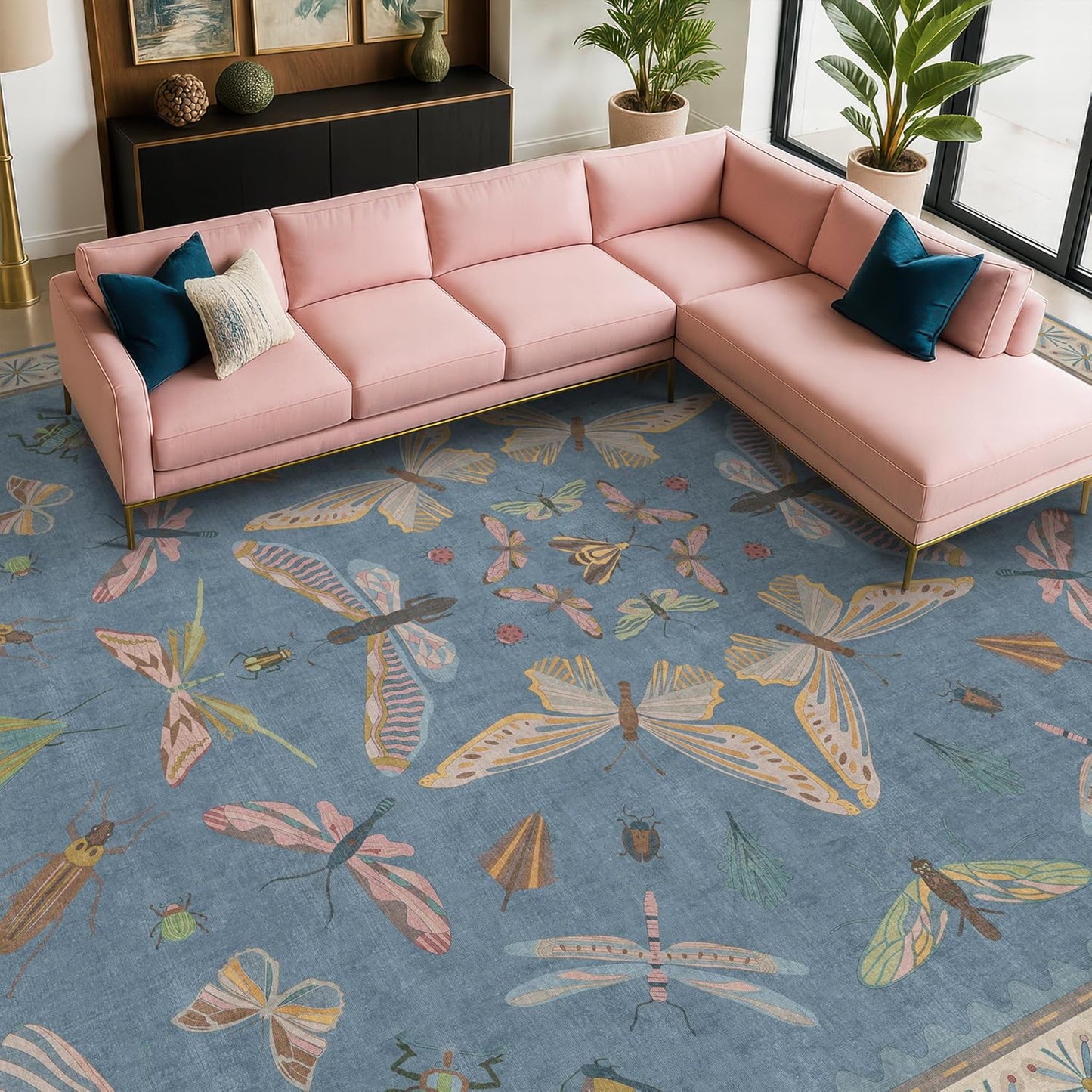 Blue Boho Rugs for Living Room - 10x14 Extra Large Area Rug for Dining Room, Bedroom, Playroom, Guest Room, Colorful Insect Low Pile Home Décor