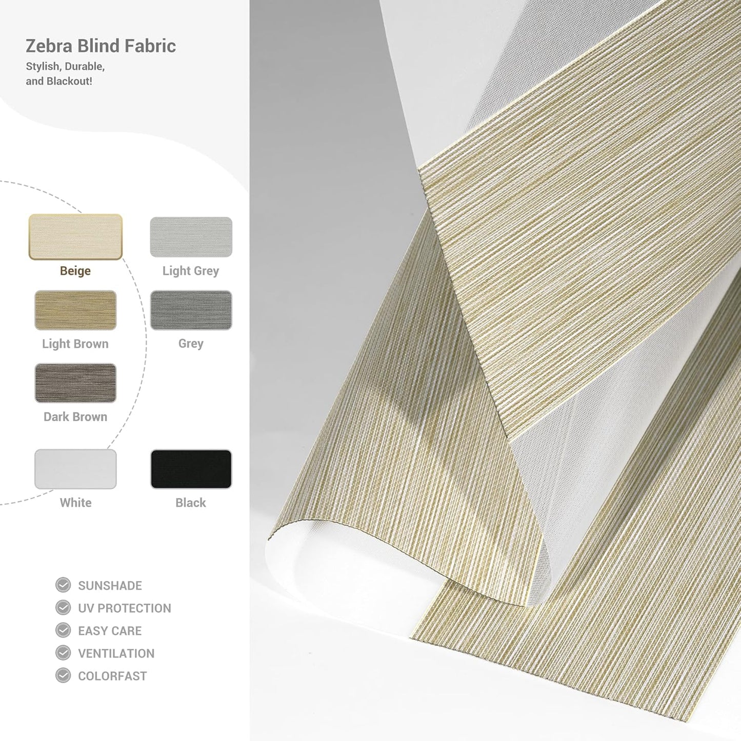 Cordless Zebra Blinds for Windows, Blackout Interior Blinds,Easy to Install,UV Protection,for Offices and Home,Custom Roller Shades, Mousse Beige,62" W x 72" H