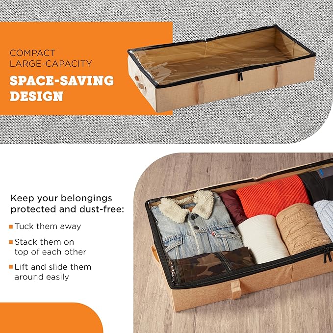 storageLAB Under Bed Storage Containers, Closet Organizers with Sturdy Handles for Clothes, Comforters, and Accessories, Use Under or at the End of the Bed - 2 Pack, Reinforced, Beige