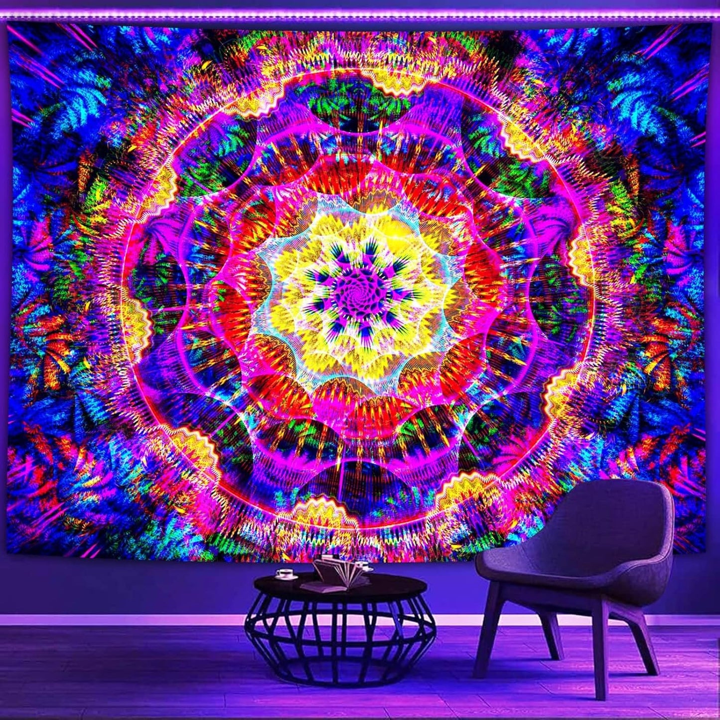PSYHILAR Blacklight Mandala Tapestry for Bedroom, Psychedelic Black Light Posters for Adults and Teens, Colorful UV Reactive Aesthetic Bohemian Art Wall Hanging Decor (90 x 70 Inches)