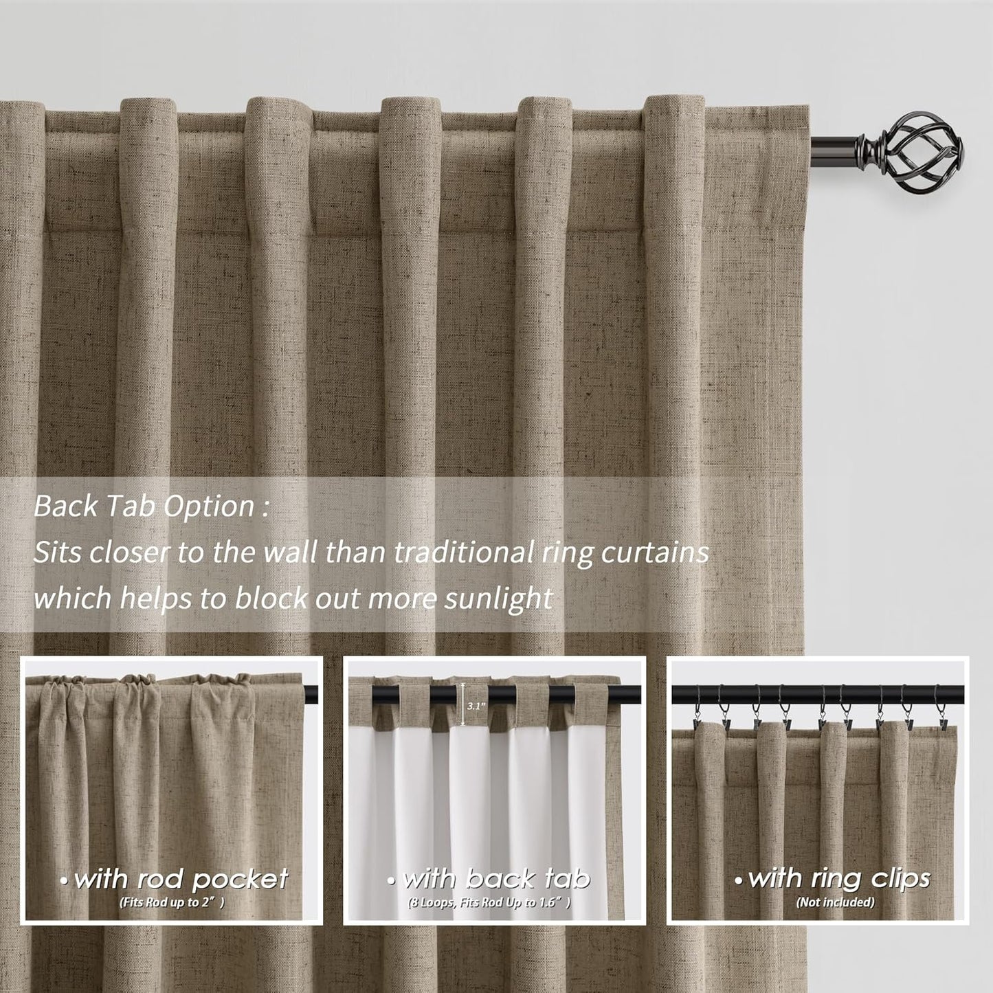 BOODII Linen Blackout Curtains for Bedroom 72 Inch Length 2 Panels Set Room Darkening Curtains Matcha Brown Black Out Curtain Neutral Thermal Insulated Living Room Winter Window Drapes Back Tab 52x72