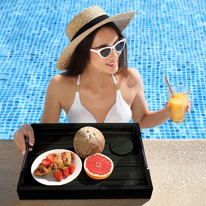 Ottoman Serving Tray | Decorative Coffee Table Tray with Handles – 17x13 Inch Wooden Tray with 4 Coasters for Breakfast, Kitchen & Bar