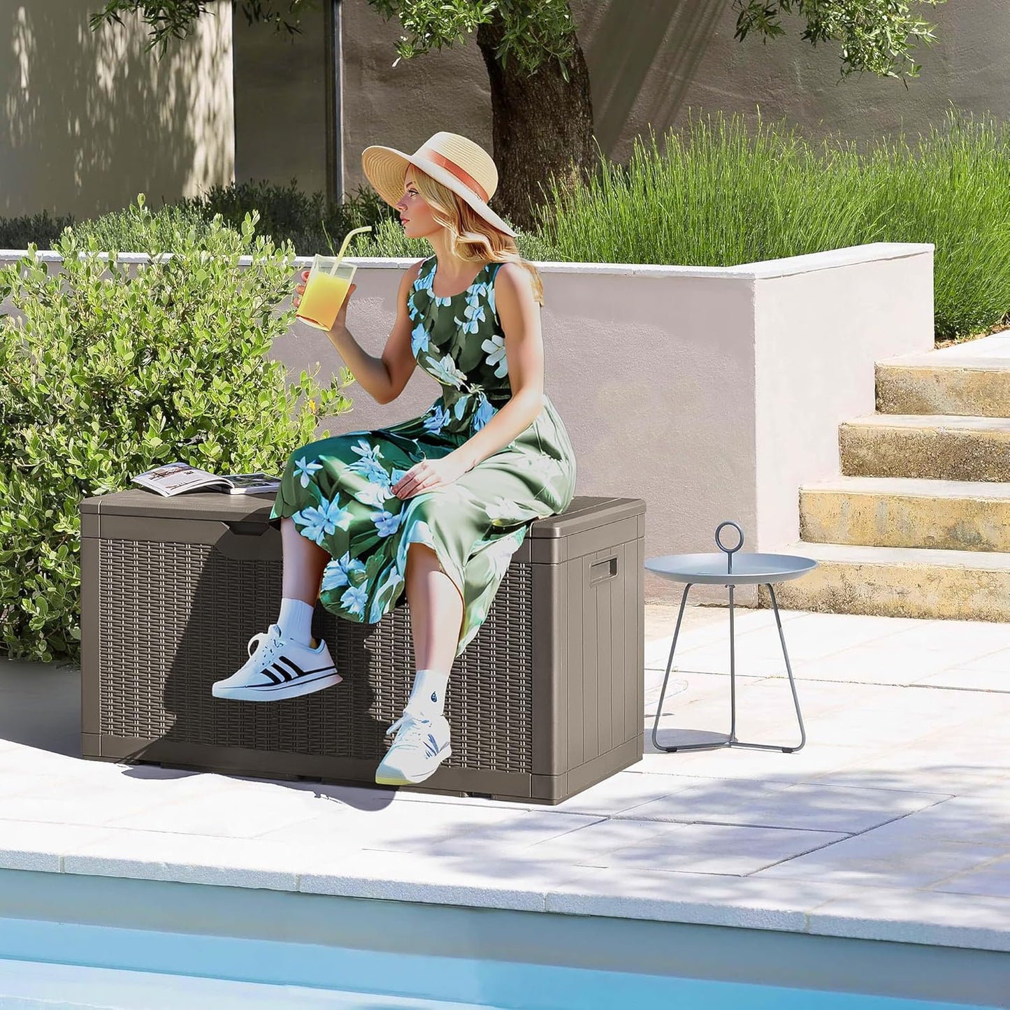 Devoko 97 Gallon Deck Box, Waterproof Resin Outdoor Storage Box for Outside and Patio, Large Outdoor Storage Bench Cabinet Lockable for Patio Furniture, Garden Tools and Pool Supplies (Brown)