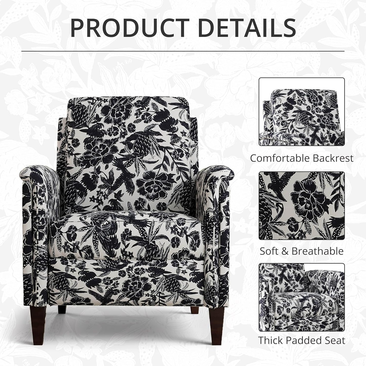 Floral Accent Chair Set of 2, High Back Upholstered Armchair with Solid Wooden Legs, Padded Armrest and Removable Comfortable Cushioned Seat Single Sofa for Living Room, Bedroom, Black