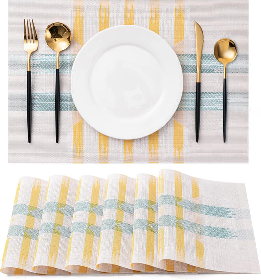 CADONO Placemats Set of 6 Washable Indoor/Outdoor Vinyl Place Mats for Dining Table Durable Non-Slip Heat Resistant PVC Weave Table Mats（Beige Green Cross）
