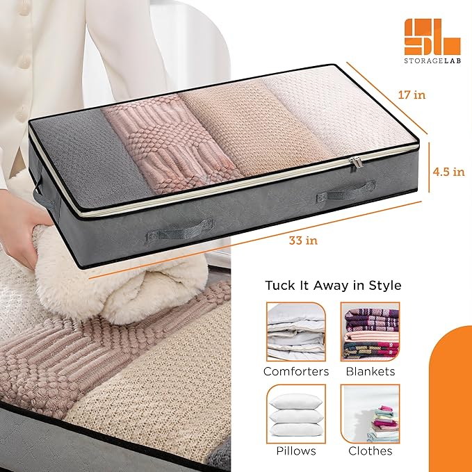 storageLAB Under Bed Storage Containers - Foldable Closet Organizer with Clear Top, Sturdy Handles - 7L Capacity Storage Box for Clothing, Comforter, Blanket, and Shoe - 2 Pack, Soft-Sided, Gray