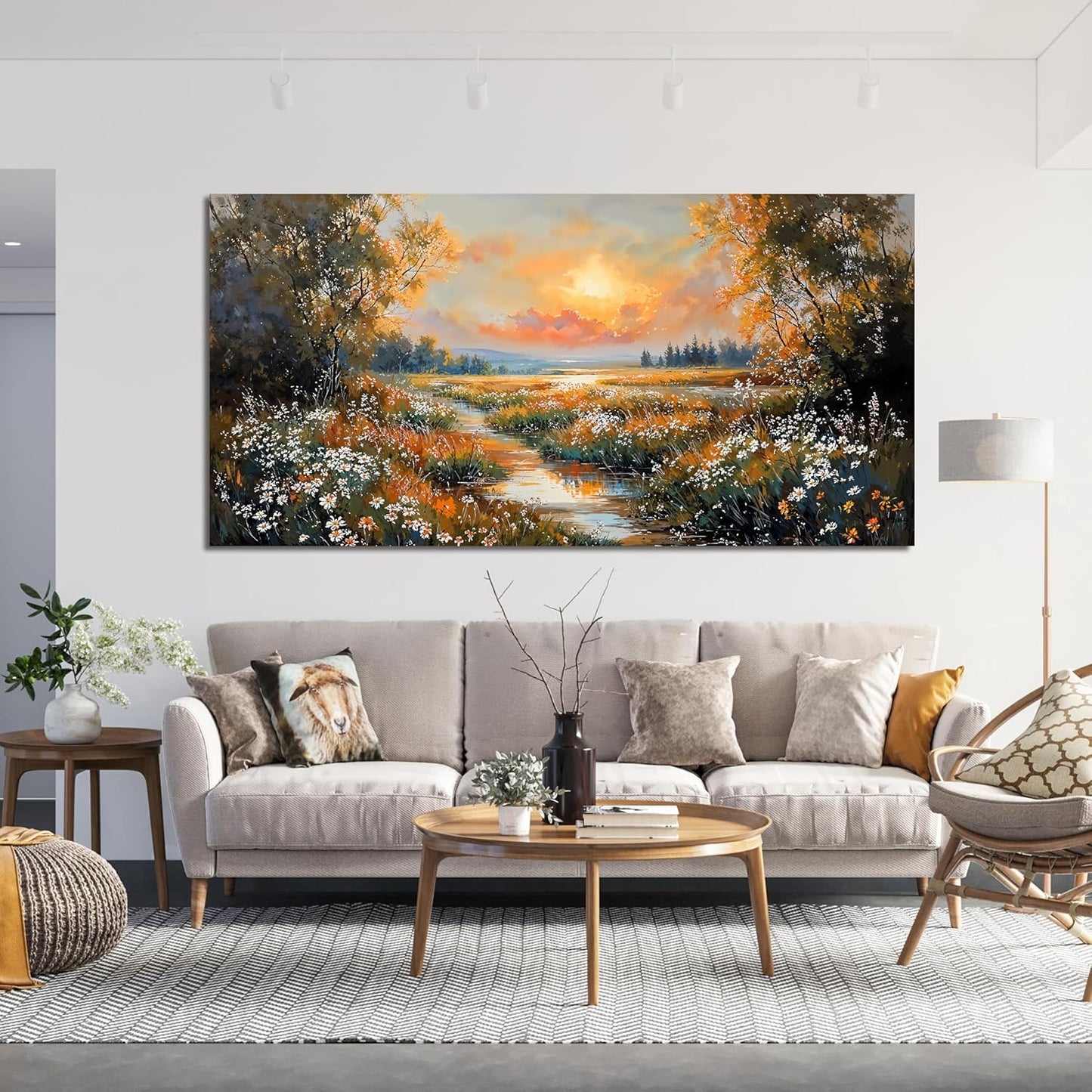 Canvas Wall Art Decor Vintage Wildflower Wall Art Prints Large Wall Art for Living Room Nature Landscape Art Work for Wall Decor River Sunset Artwork for Walls Bedroom Office Wall art Decor 24" X 48"