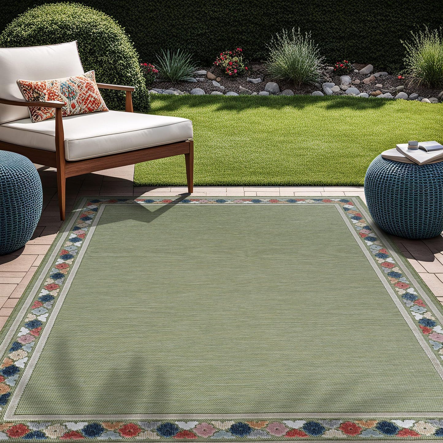 Beverly Rug Outdoor Rug 8x10 Modern Bordered Area Rugs for Indoor and Outdoor Patio Easy to Clean Non Shedding Living Room Porch Garden Washable Outside Carpet (8 x 10 Green)