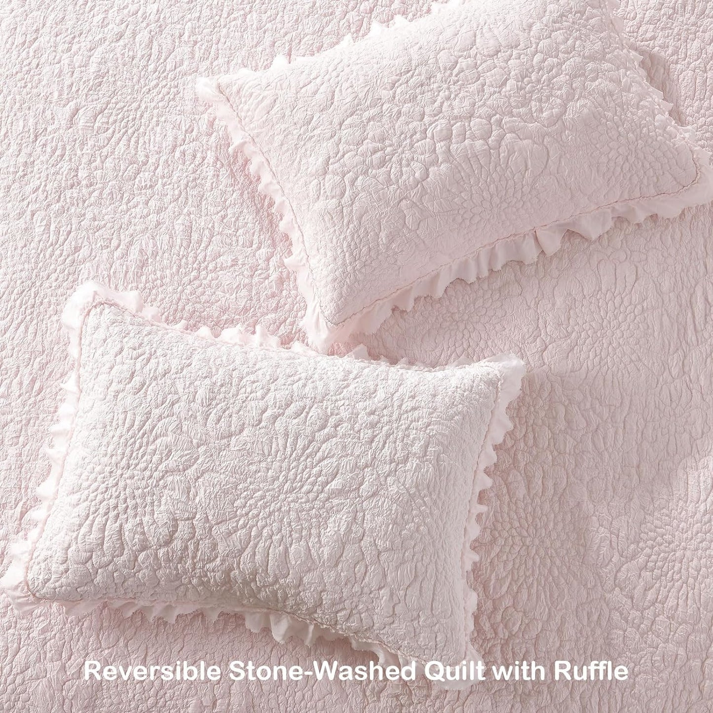 HORIMOTE HOME Pink Ruffled Quilt King Size, Stone-Washed Microfiber Lightweight Crinkled Farmhouse Rustic Shabby Chic Bedding Set, 3 Pieces Reversible Bedspread with Pillow Shams for All Season