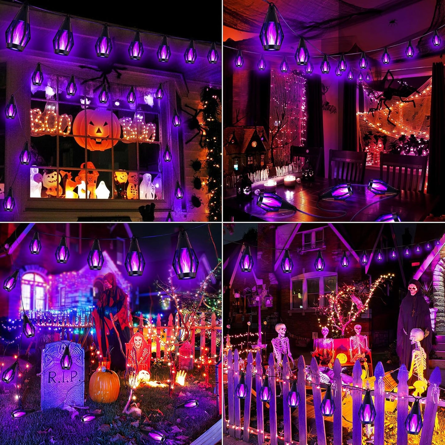 iBaycon Solar Halloween Lights, 42Ft 15 LED Bulbs Flickering Flame String Light, Outdoor Waterproof Solar Flame Lights for Garden Yard Patio Halloween Decorations (Purple)