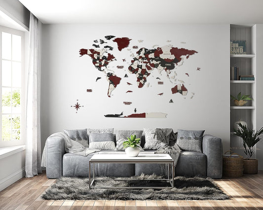 Colorfull Worlds 3D Wooden World Wall Art | Unique Wall Decor with Pins for Travel Enthusiasts | Home and Office Wall Décor | Burgundy | XLarge