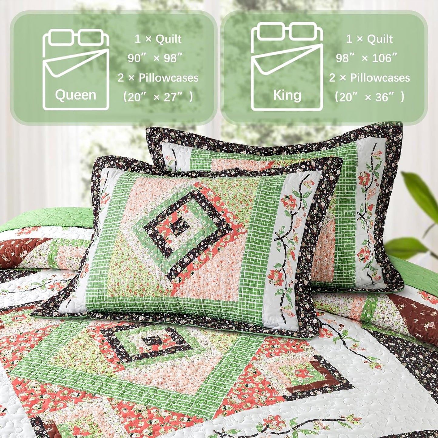 VAPUTAR Quilt Queen Size Bedding Set - Farmhouse Queen Size Bedspread Set for All Season, Lightweight Reversible Coverlet Quilt for Bedroom (90 × 98 Inch), Green