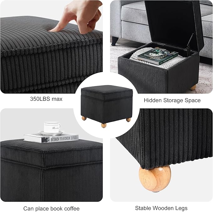 Adeco 17 Inch High Striped Flannel Black Cube Ottoman Storage, 3D Embossed Velvet Chair Foot Stools, Upholstered Vanity Stool with Hinged Lid, Solid Round Wood Legs
