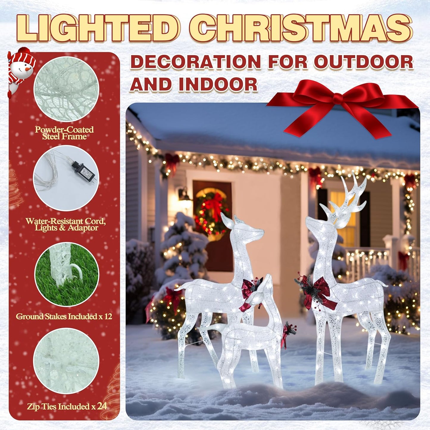 4.5FT Lighted Reindeer Family Set for Christmas Decoration, 3 Pieces Pre-Lit Iridescent Deer Xmas Decor with 200 LED Lights, 3D Glittered Standing Holiday Display for Outdoor, Indoor, White