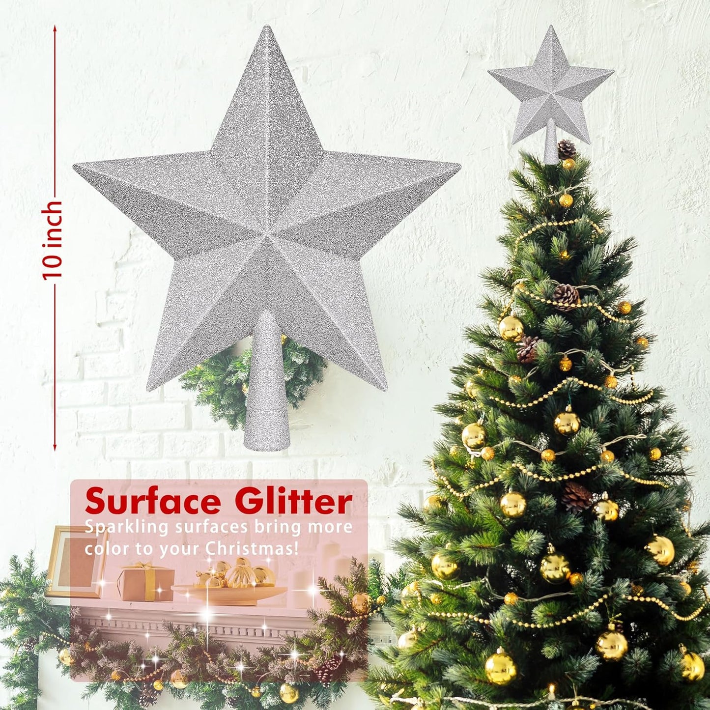 Christmas Tree Decoration, 10" Silver Christmas Tree Topper with Glitter, Large Bethlehem Star Xmas Tree Topper Decor, Waterproof Shatterproof Tree Topper for Christmas Holiday Home Indoor Outdoor