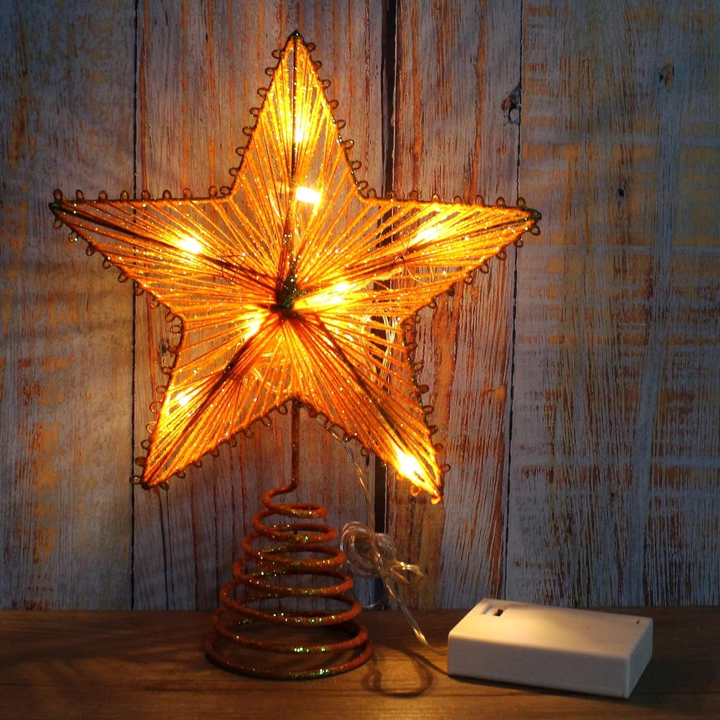 CVHOMEDECO. Champagne Glittered 3D Tree Top Star with Warm White LED Lights and Timer for Christmas Tree Topper Decoration and Holiday Seasonal Décor, 8 x 10 Inch