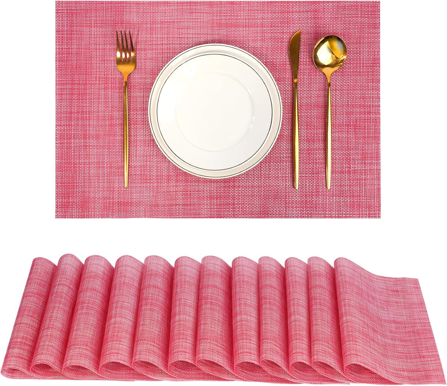 Placemats Set of 12，Non-Slip PVC Weave Table Mats Easy to Clean，Heat Resistant Place Mats for Kitchen Dining Table Decoration Indoor Outdoor，Red