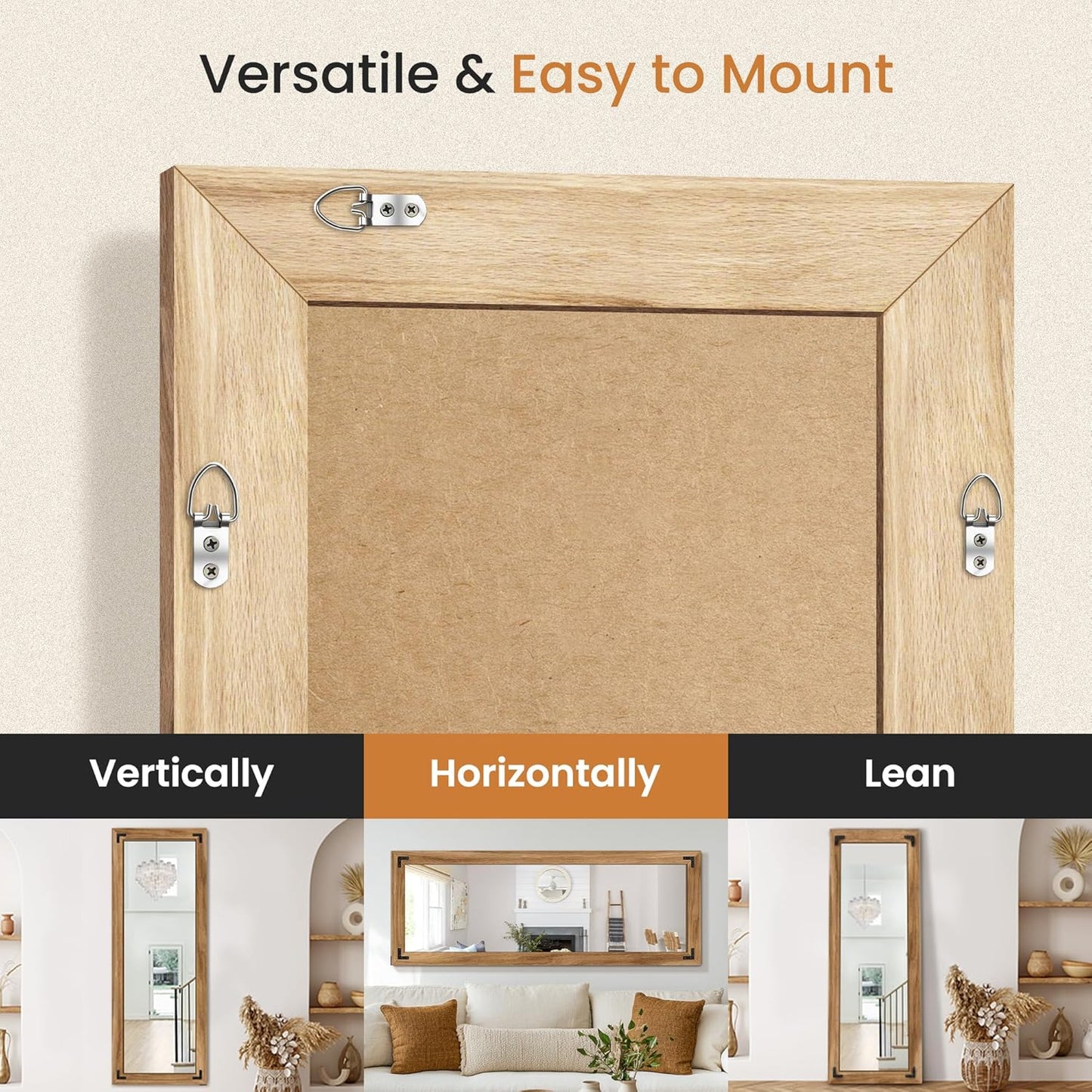 Full Length Mirror with Wooden Frame, 65"X24" Solid Wood Standing Floor Mirror for Farmhouse, Bathroom, Bedroom, Hanging or Leaning Wall-Mounted