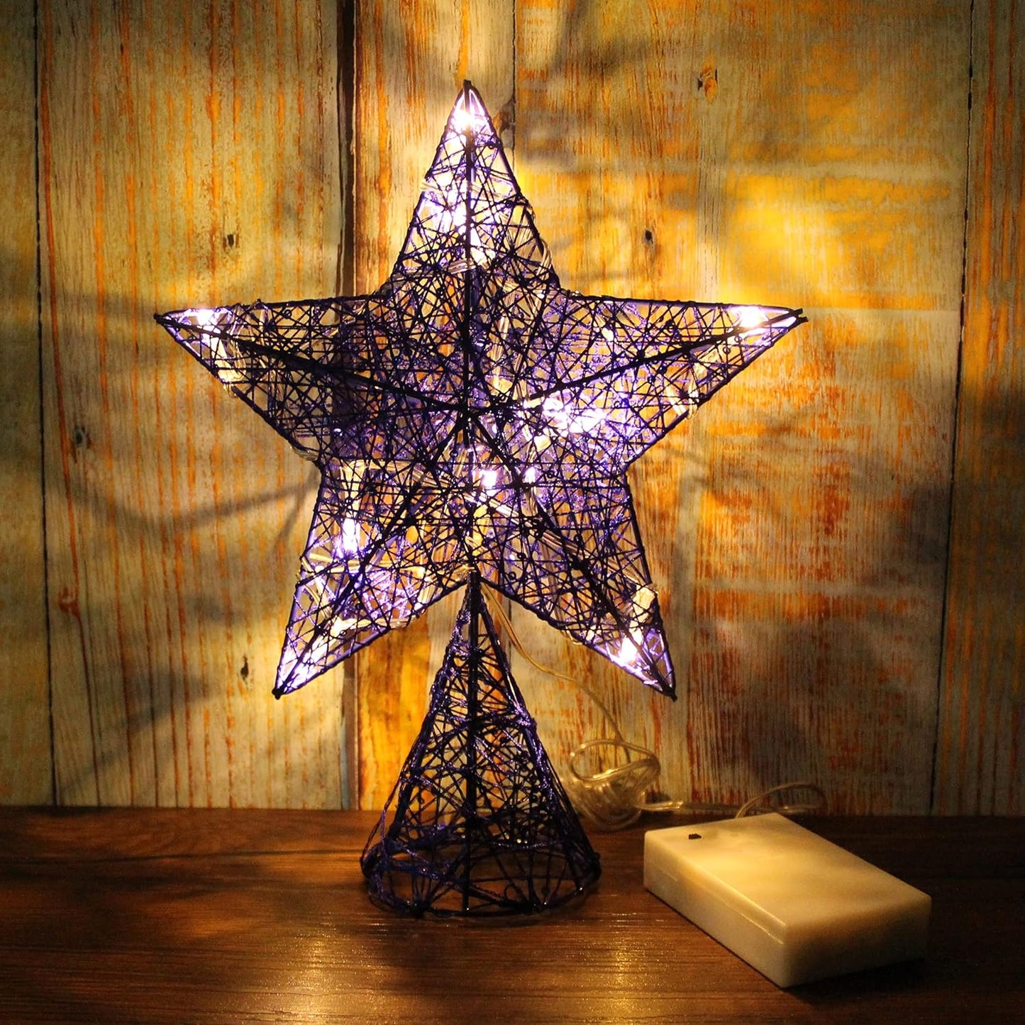 CVHOMEDECO. Blue Tree Top Star with Warm White LED Lights and Timer for Christmas Ornaments and Holiday Seasonal Décor, 8 x 10 Inch