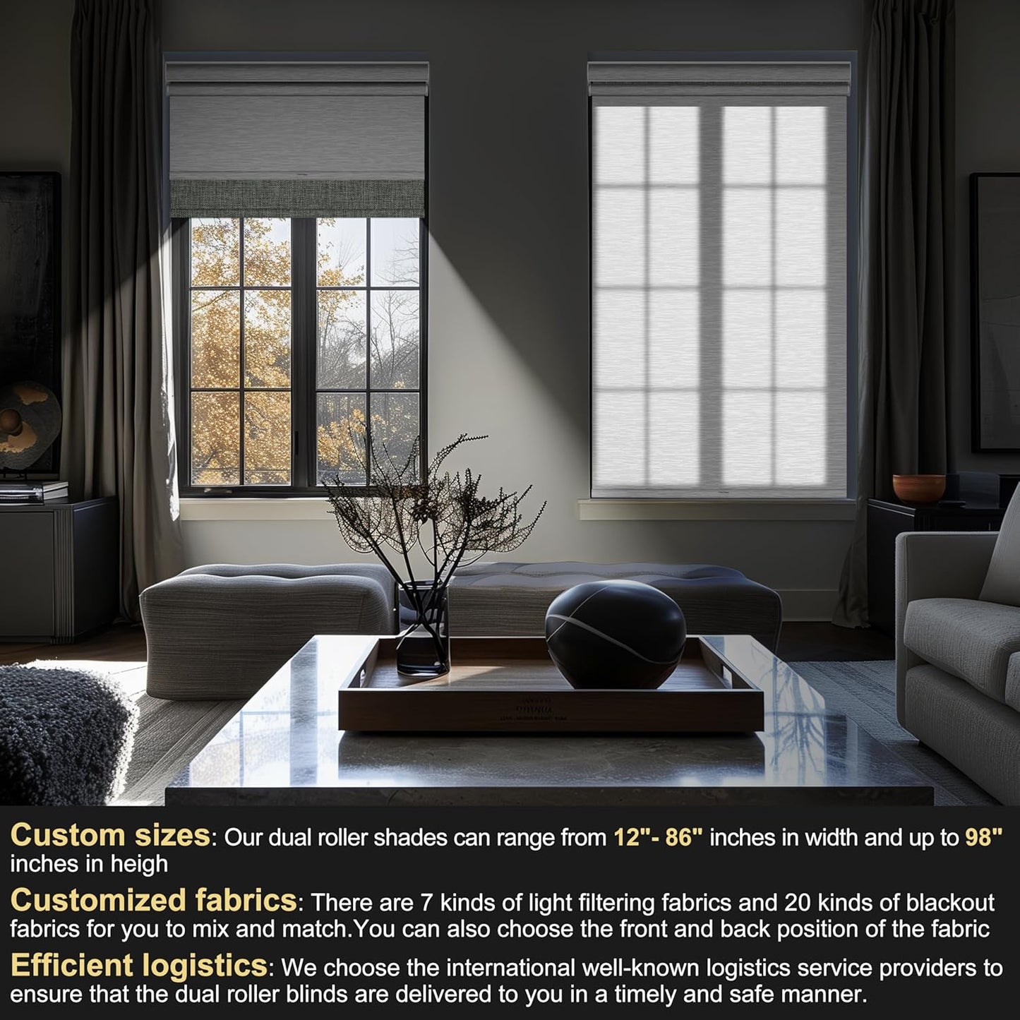 BERISSA Cordless Dual Roller Shades with Cassette Valance, Double Blackout and Light Filtering Shades, Day and Night for Home Office Door. Linen Grey and White. 63 W x 64" H