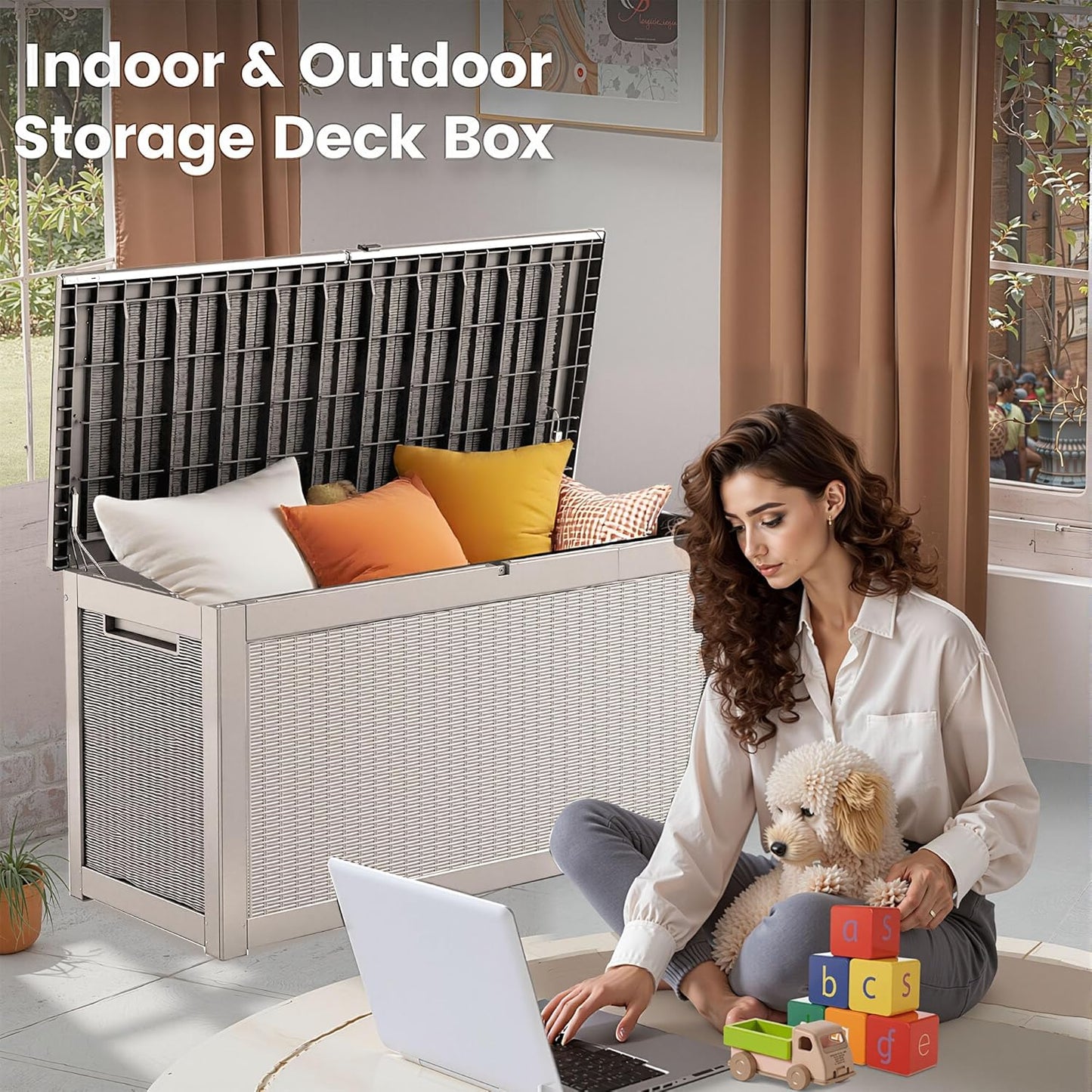 260 Gallon Storage Box, Waterproof Resin Deck Box with Steel Support & Hydraulic Rod, Lockable Storage Bench for Indoor & Outdoor Use, Storage Bin for Patio Cushions, Garden Tools, Grey