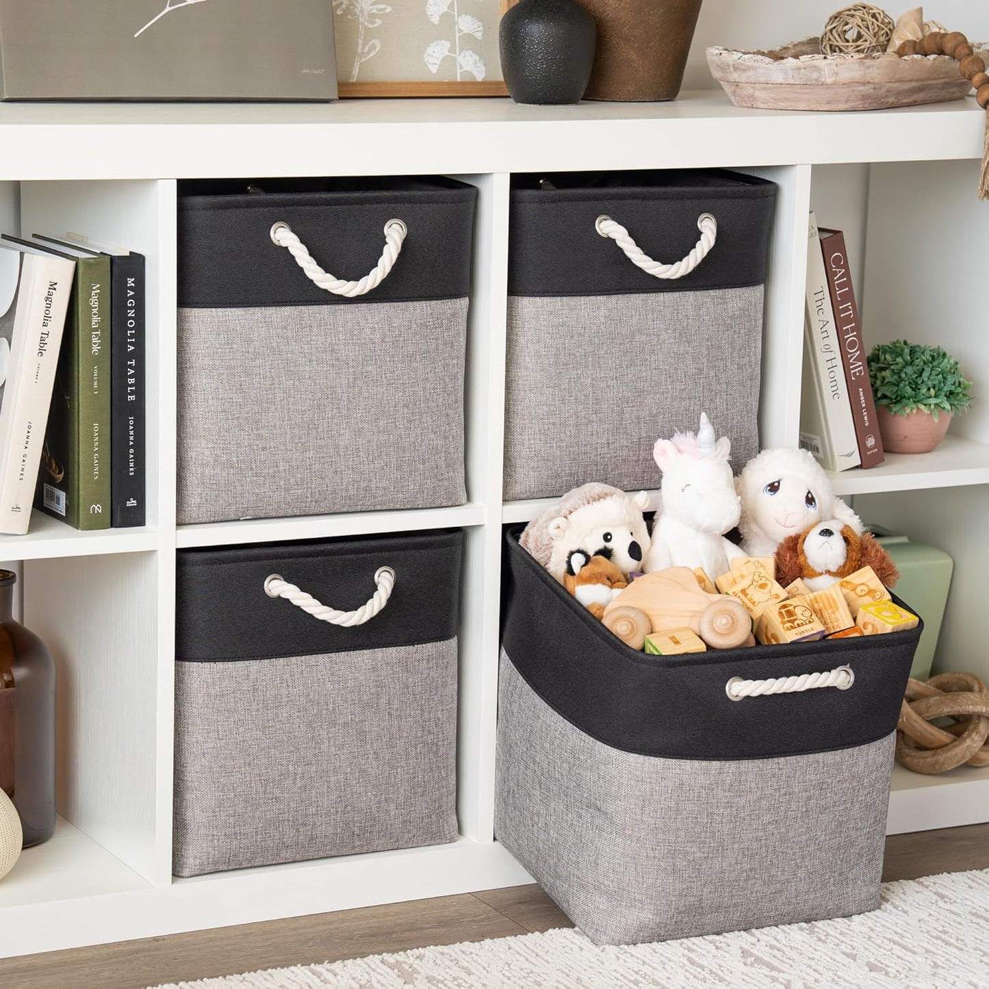 OrganiHaus 13x13 Cube Storage Bins 4 Pack, Foldable Cube Storage Organizer w/ Rope Handles, Collapsible Fabric Bins for Toys, Clothes & Closet Organization, Fabric Square Baskets - Gray/Black