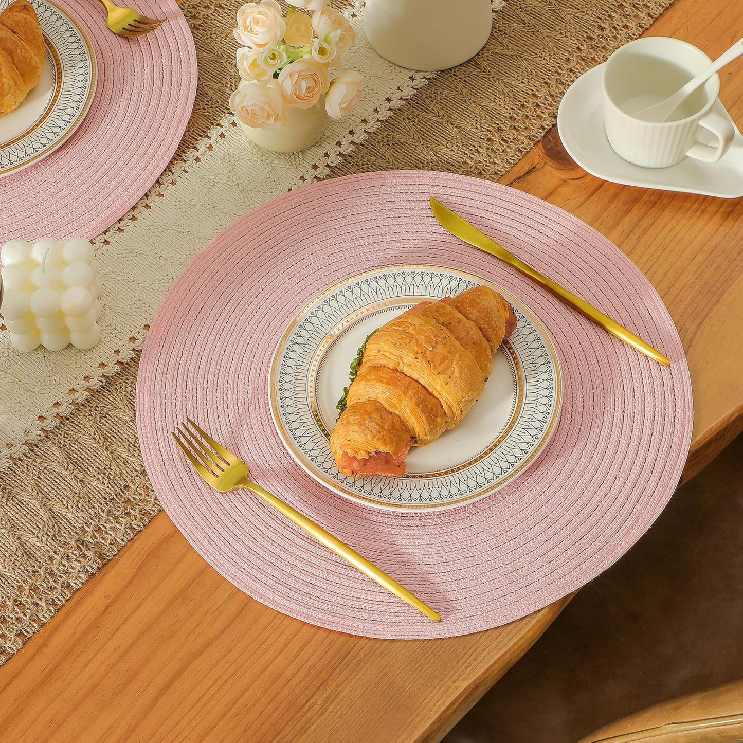 Leetaltree Round Placemats Heat and Slip Resistant Cotton Table Mats, Washable Bohemian Placemats for Dining Tables (Pink, Set of 6)