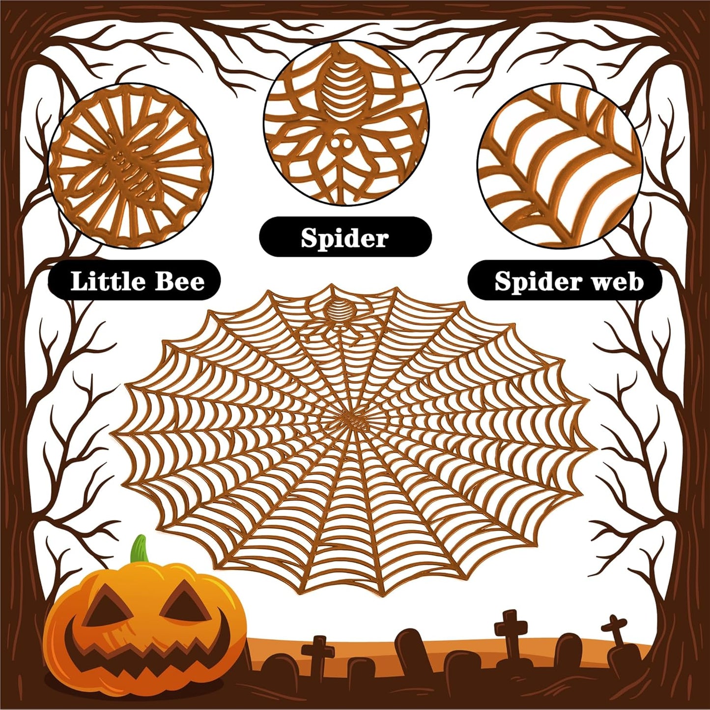 Sfcddtlg 6 Pcs Halloween Spider Web Placemats- 15"" Heat Insulation Halloween Placemats Spider Web Table Mats- Hollow Out Spiderweb Coasters Placemat for Dining Table Halloween Decoration (Brown)