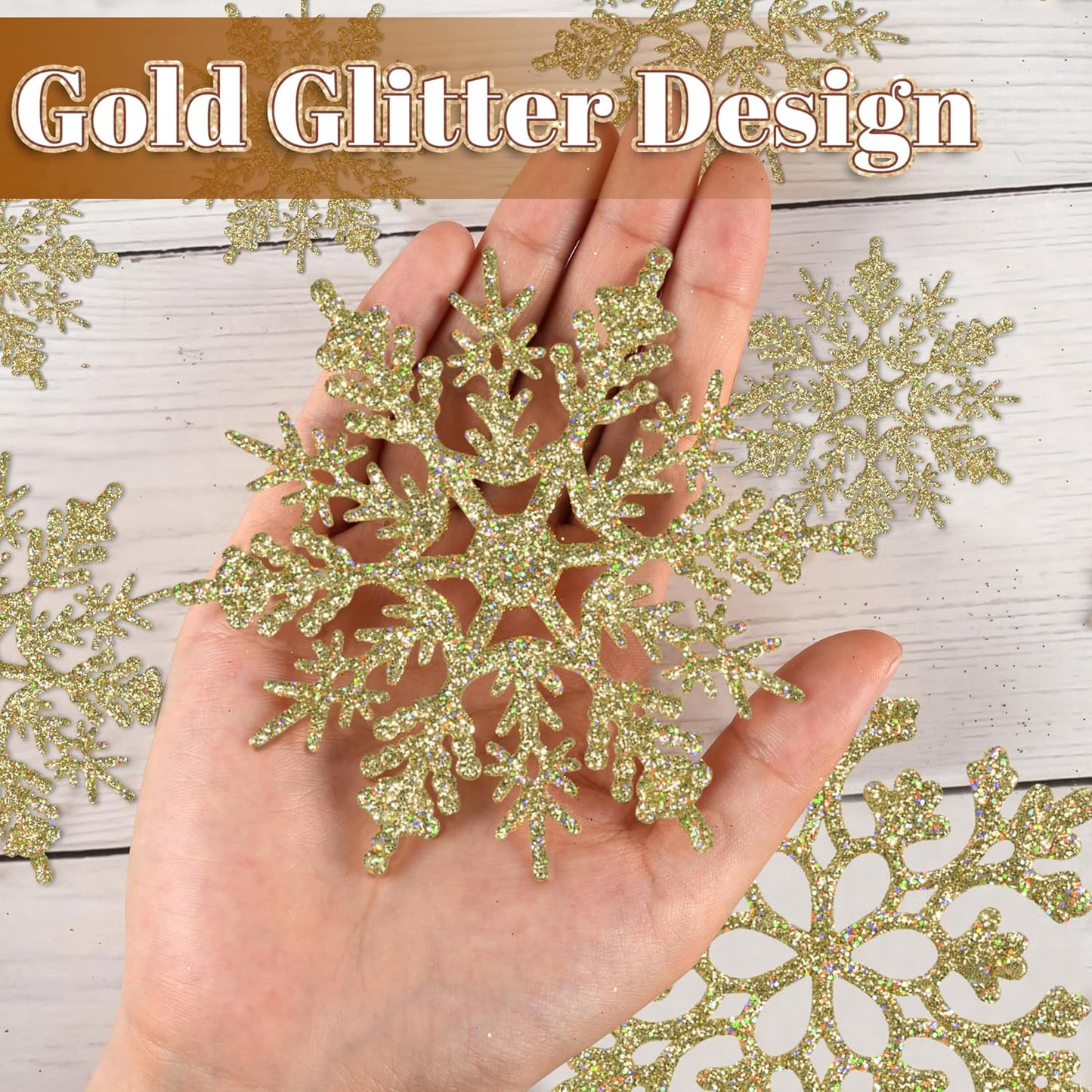 Christmas Tree Decorations Snowflake Ornaments, 36Pcs Glitter Gold Plastic Hanging Snowflakes from Ceiling Snow Flakes Decorating Hanging for Winter Wonderland Decorations Indoor Outdoor Decor