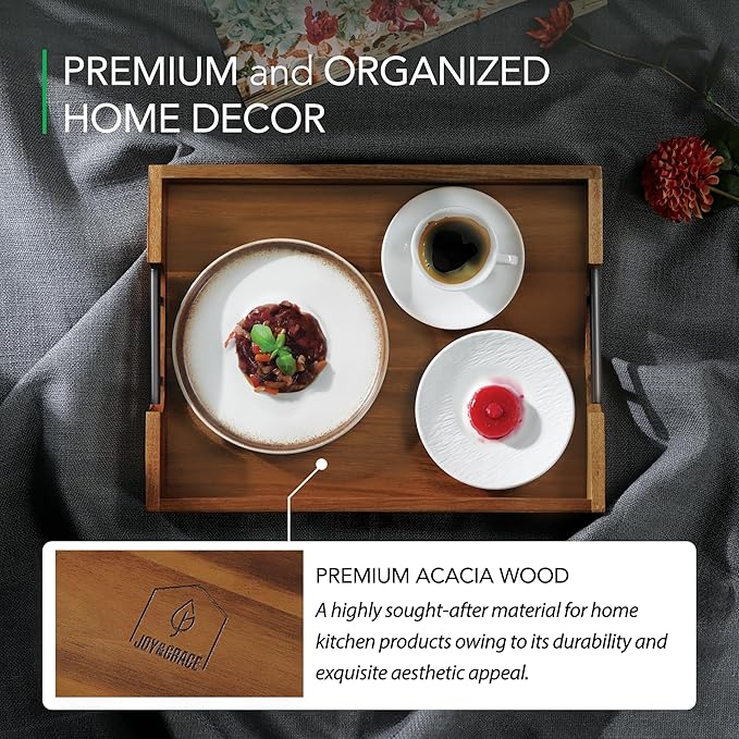 Joy&Grace Ottoman Tray for Living Room 16.7 x 12.8 inch Large Acacia Wooden Serving Tray with Handles for Coffee Table, Breakfast in Bed, Food Dinner, Decorative Rectangular Tray (Color Natural)