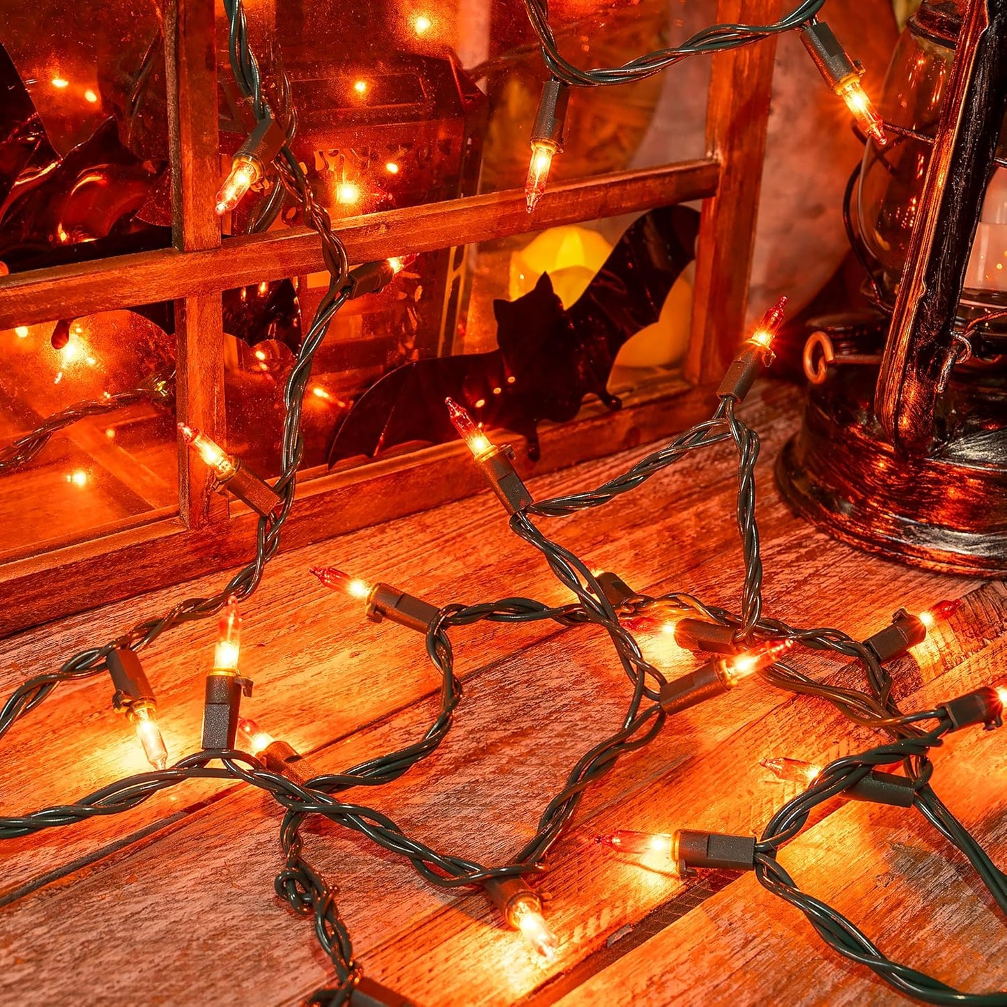 Orange Halloween Tree Lights with Green Wire,13ft 50 Incandescent Bulb Waterproof Fairy Lights，Plug in Mini String Lights for Christmas, Patio, Holiday, Party, Home, Indoor Outdoor Decor