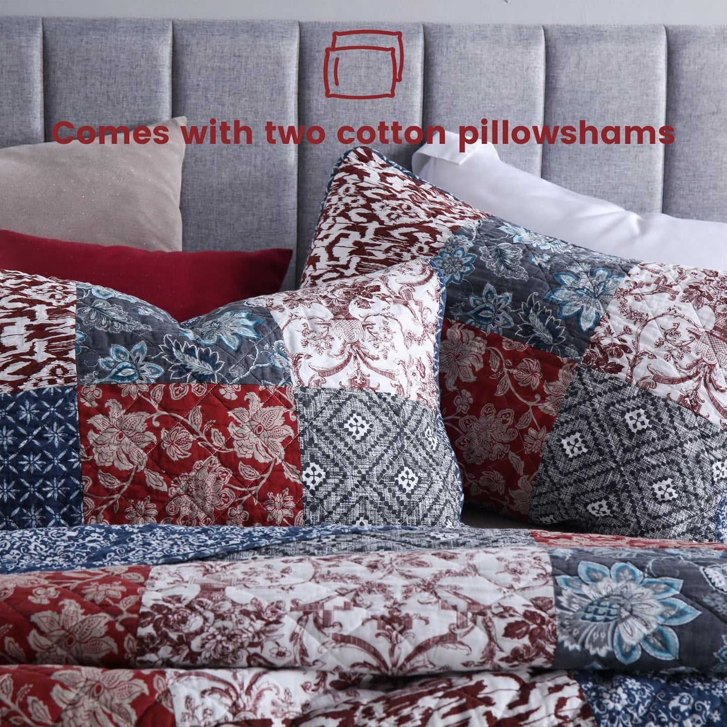 Secgo Queen Comforter Set for Bed - 100% Cotton Quilts Queen Size, Burgundy Bedspreads (90 * 98 Inch) with 2 Pillow Shams, Patchwork Reversible Lightweight Bedding