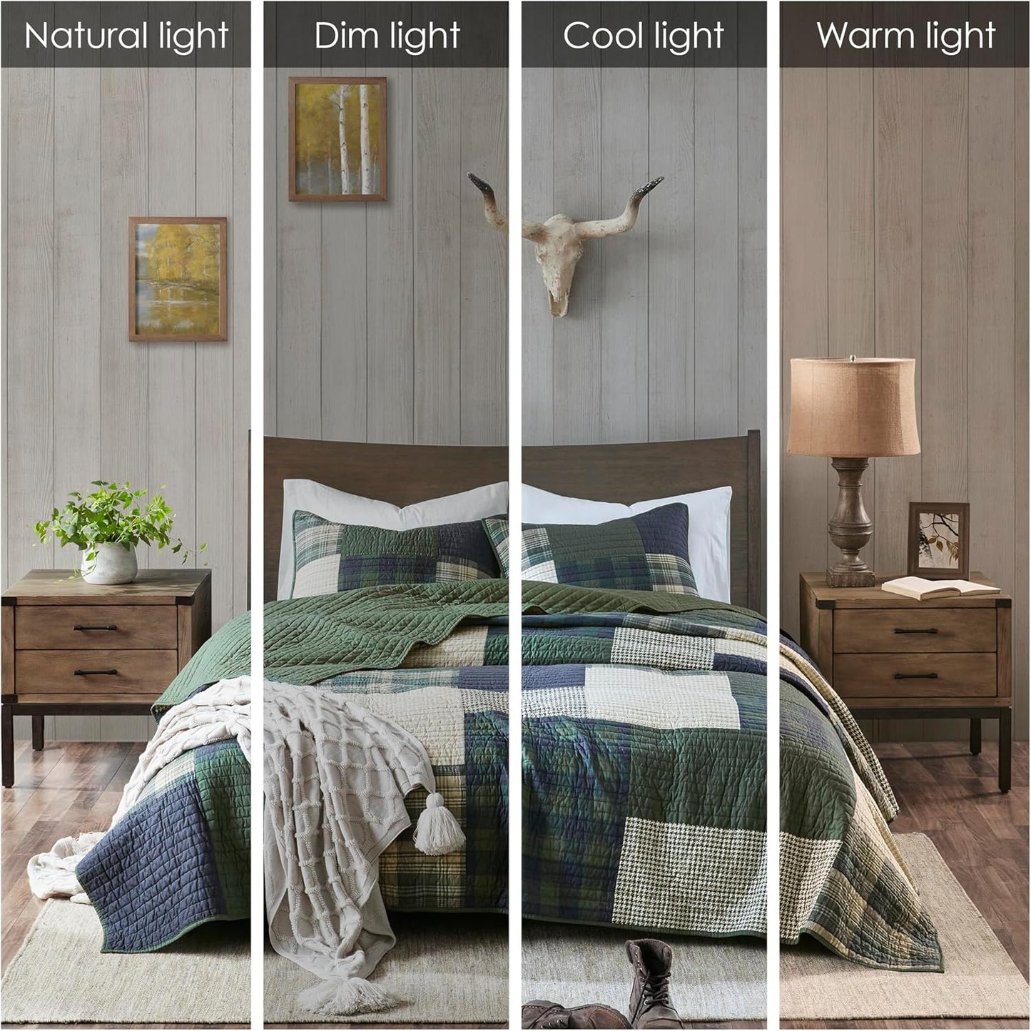 Woolrich Mill Creek Reversible Quilt Set - Cottage Styling Reversed to Solid Color, All Season Lightweight Coverlet, Cozy Bedding Layer, Matching Shams, Oversized Full/Queen, Plaid Green 3 Piece