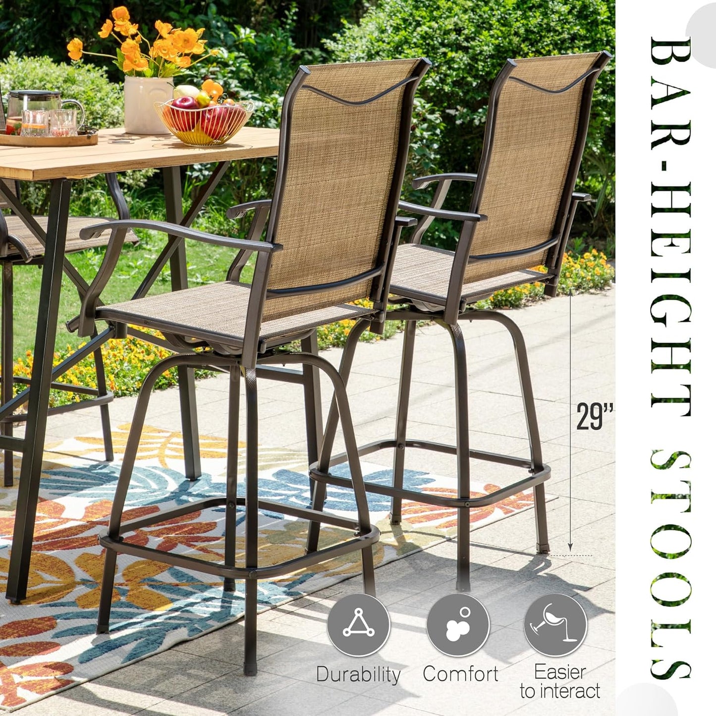 Sophia & William Outdoor Bar Set, Patio Bar Table and Chairs Set, Bar Height Patio Set - 4 x Swivel Bar Chairs(Brown), 1 x Square Bar Table(Wood-Like)