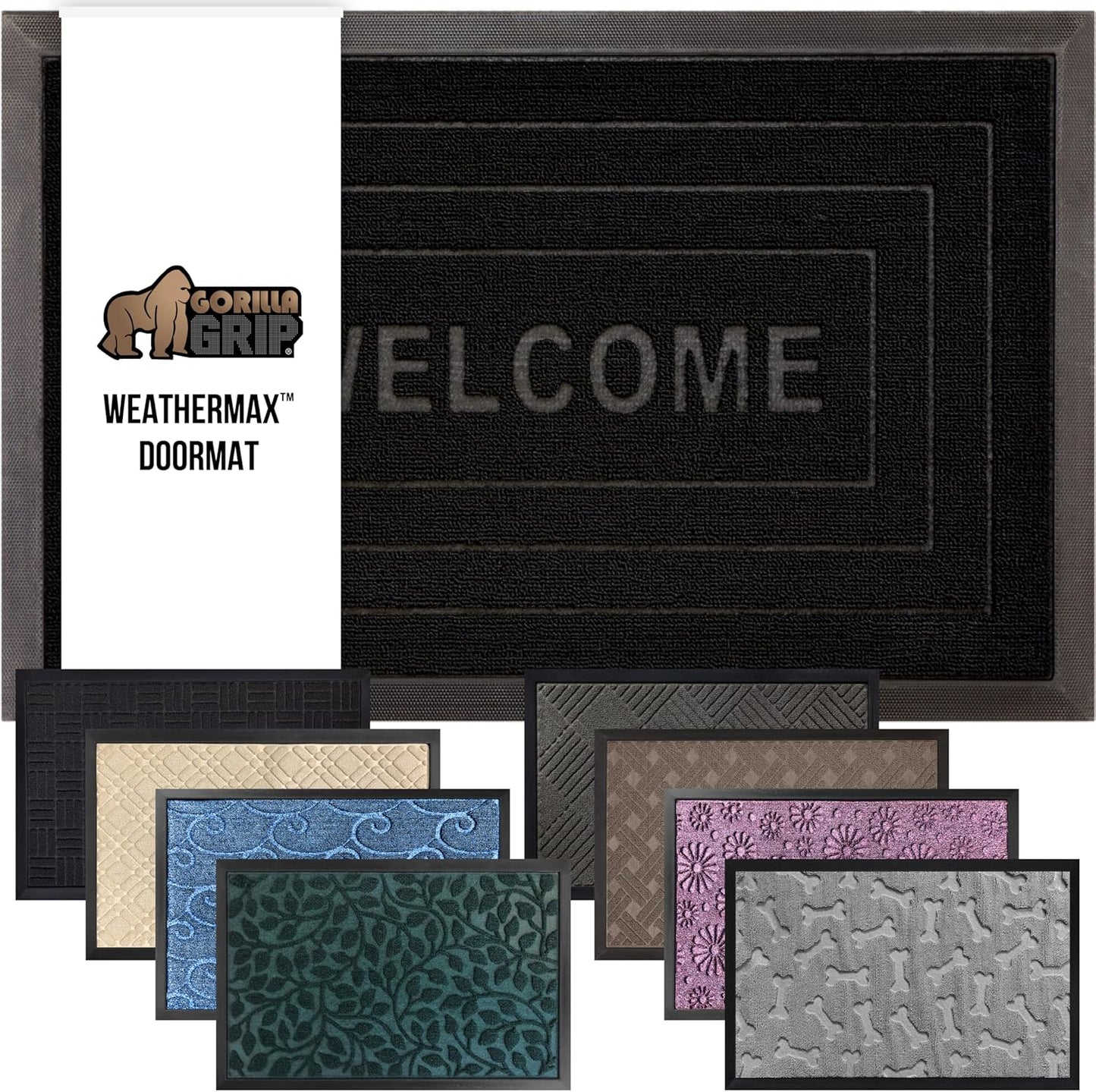 GORILLA GRIP 100% Waterproof All-Season WeatherMax Doormat, 47x35, US Designed Natural Rubber, Stain and Fade Resistant, Low Profile Indoor Outdoor Door Mats, Easy Clean Patio Mat, Black Welcome