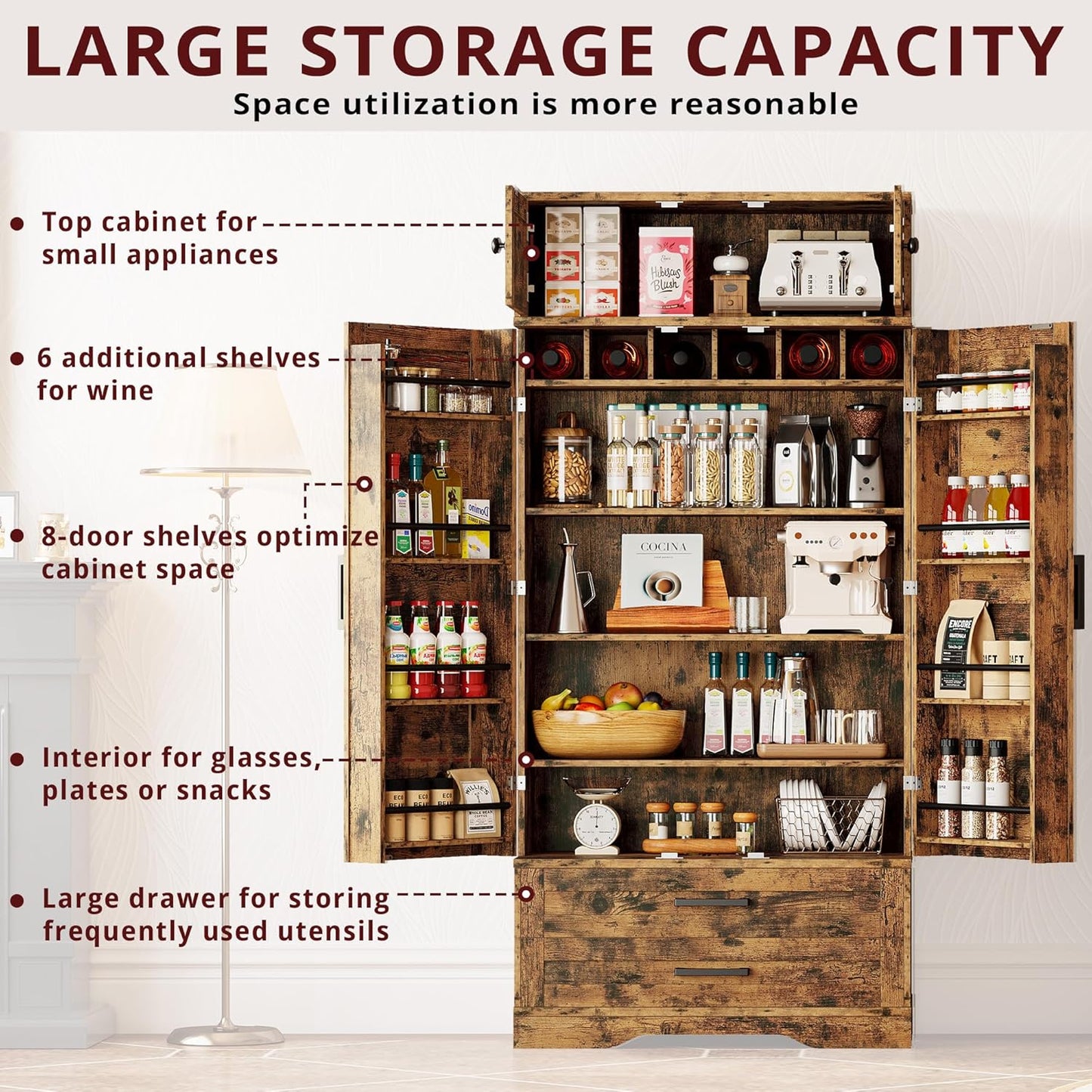 IRONCK Kitchen Pantry 72" Height, with 8 Hanging Shelves, 2 Drawers and Open Storage Cabinet, Freestanding Cupboard for Dining Room Living Room,Vintage Brown