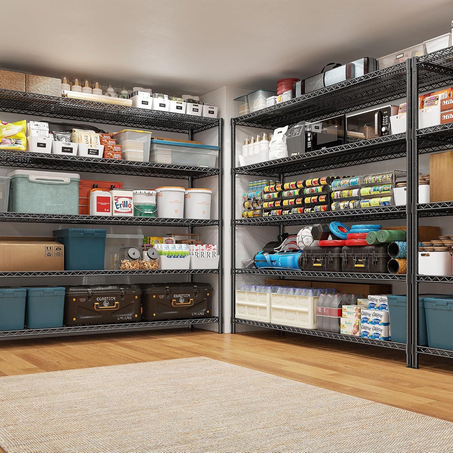 REIBII 85.7" H Storage Shelves 2998LBS Metal Shelving Unit with Wheels & Feet, 5 Tier Garage Shelving Heavy Duty Adjustable Wire Shelf for Pantry Kitchen Garage, 85.7" H X 55.5" W X 24.2" D, 2PCS