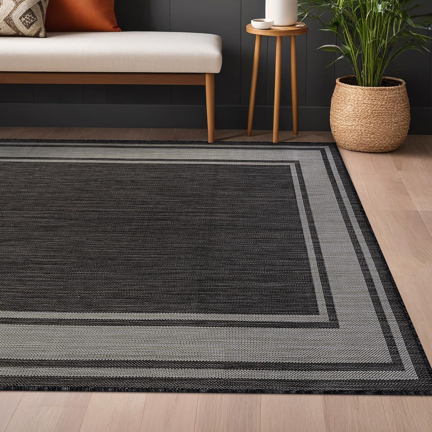 Beverly Rug Outdoor Rug 5x7 Modern Bordered Area Rugs for Indoor and Outdoor Patio Deck Porch Garden Waterproof Weather Sun Resistant Washable Outside Carpet (5 x 7 Dark Gray)