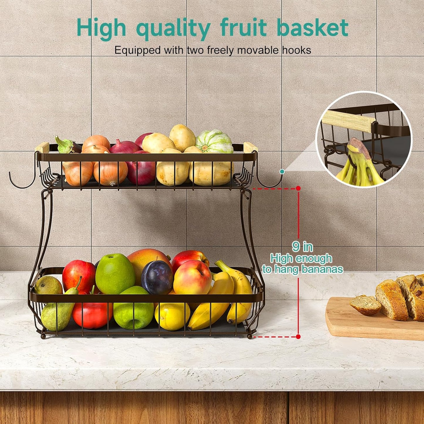 3 Tier Fruit Basket for Kitchen Counter with 2 Mobile Banana Hangers, 2025 Pro Detachable Metal Fruit Bowl with Wooden Handle, Fruit Holder for Bread Snack Veggies, Brown