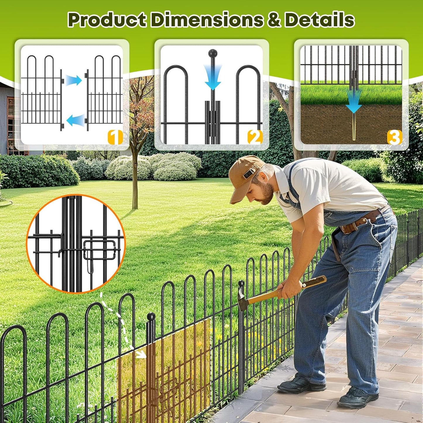 5 Panels Decorative Garden Fence with U-Shape and Latch Gate, 24.01in (H) X 10.04ft (L) Dog Fence Outdoor for Yard Security, Garden Fencing Includes Deep Stakes