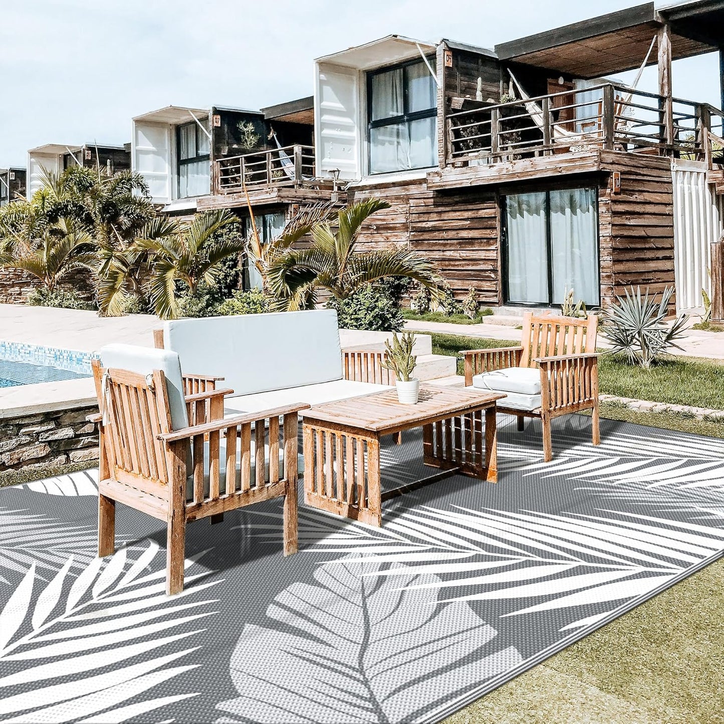 GENIMO Outdoor Rug 10' x 20' Waterproof for Patios Clearance, Reversible Outdoor Plastic Straw Camping Rug Carpet, Large Area Rugs Mats for RV, Camper, Deck, Balcony, Porch, Beach, Picnic, Grey&White