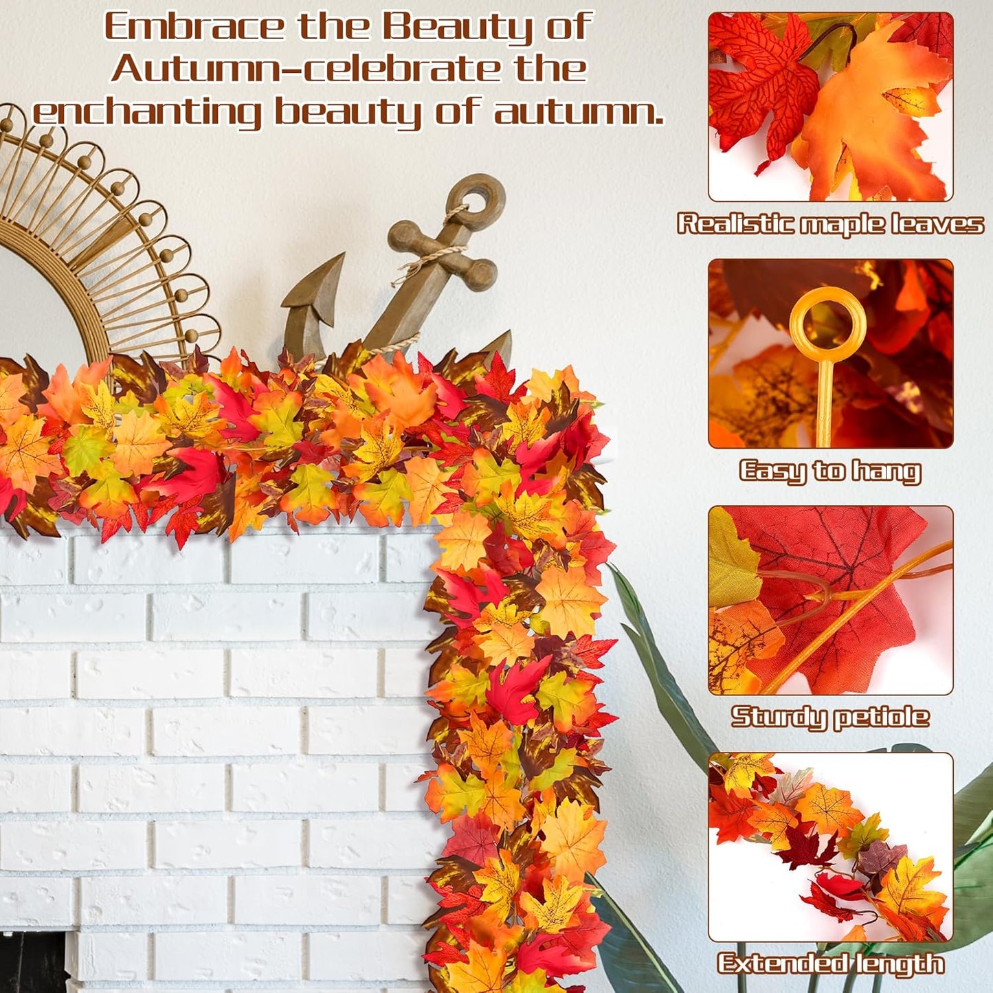Fovths 6 Pack Maple Leaves Garland 5.8ft/Pc Artificial Fall Decorations Colorful Autumn Hanging Vine for Thanksgiving Halloween Fireplace Indoor Outdoor Decor