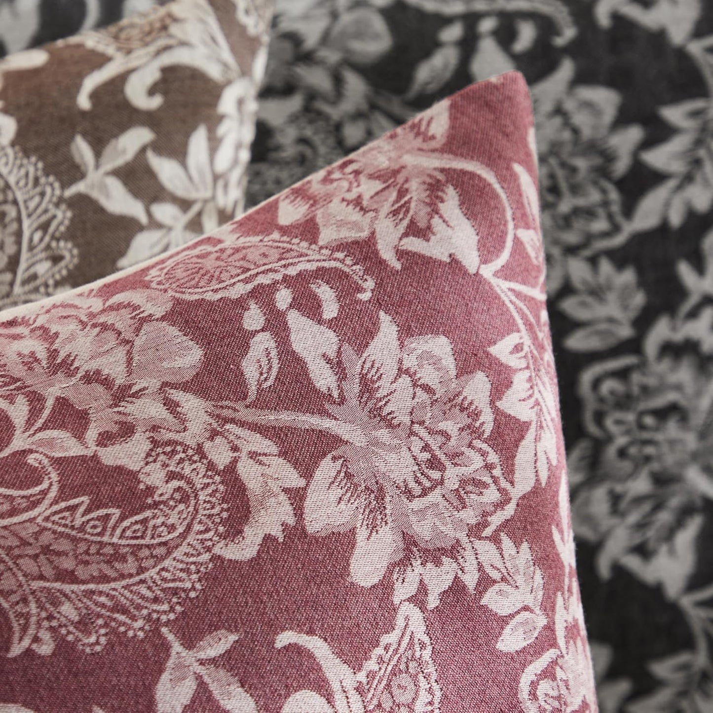 Floral Jacquard Throw Pillow Covers Set of 2, Background/Burgundy 22x22 Inch, Farmhouse Decorative Cotton Burgundy Cushion Covers for Sofa Bed Living Room Home Decor