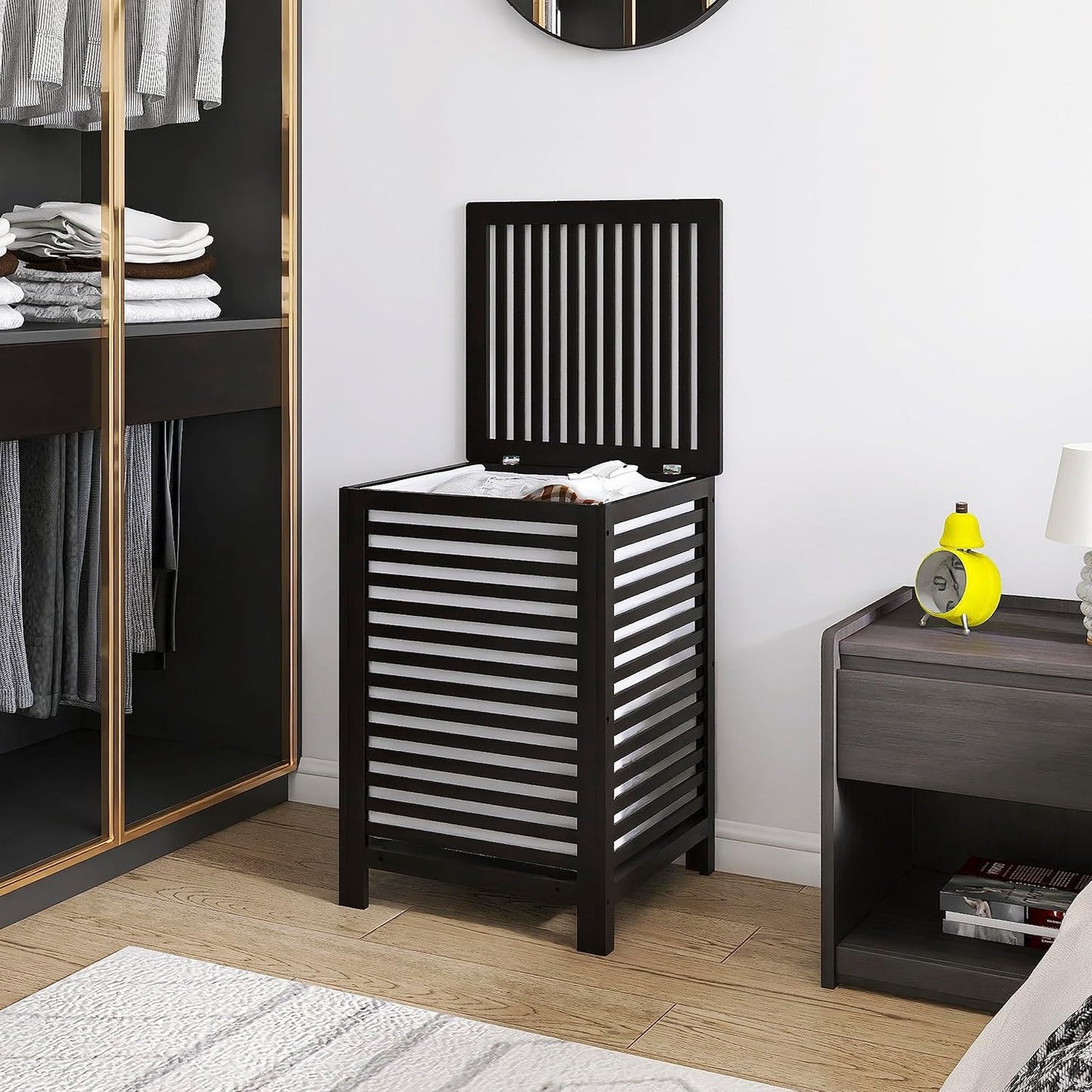 SMIBUY Double Laundry Hamper with Lid, 120L Bamboo Laundry Basket with Removable Liner Bag, 2-Section Clothes Divider Laundry Sorter for Laundry Room, Bathroom, Bedroom (Black)